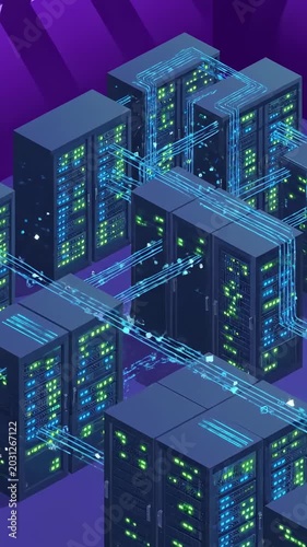 Futuristic Server Room with Glowing Data Connections in Isometric View.