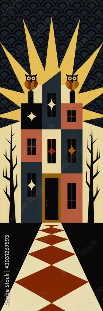 Fototapeta premium Retro haunted house illustration with owls, spooky trees and geometric path, vintage Halloween night poster art