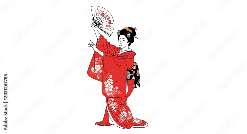Obraz premium Geisha in Red Kimono Dancing with Fan