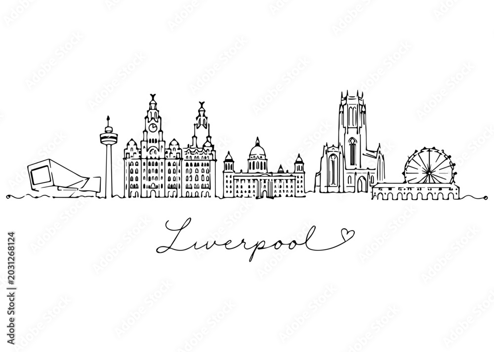 Fototapeta premium Liverpool city skyline hand drawn Vector hand-drawn naive city skyline on a white background