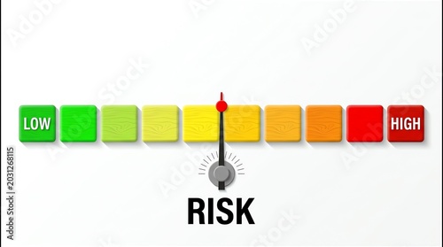 Dynamic risk assessment gauge illustrating a potential threat level with a needle pointing towards a moderate to high range on a color-coded scale