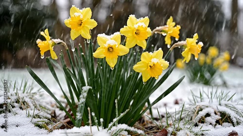 Yellow daffodils blooming in snow contrasting weather conditions