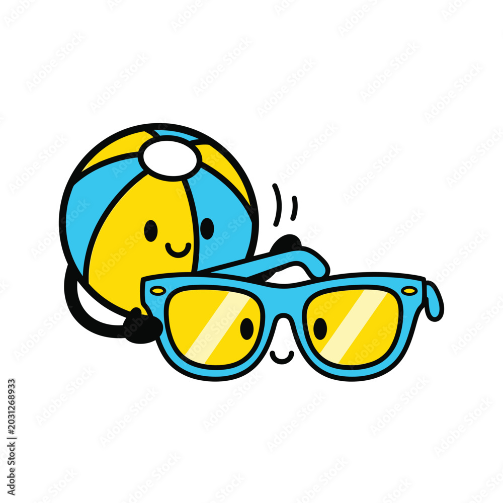Fototapeta premium Smiling cartoon sunglasses and beach ball.