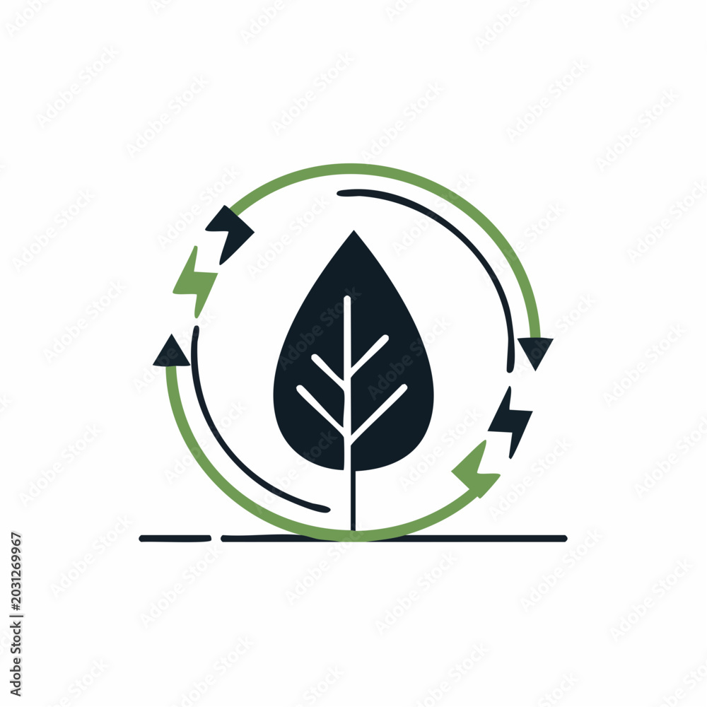 Fototapeta premium Renewable energy cycle icon with leaf and electrical symbols