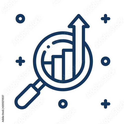 Magnifying glass with growing bar chart and arrow isolated on transparent background