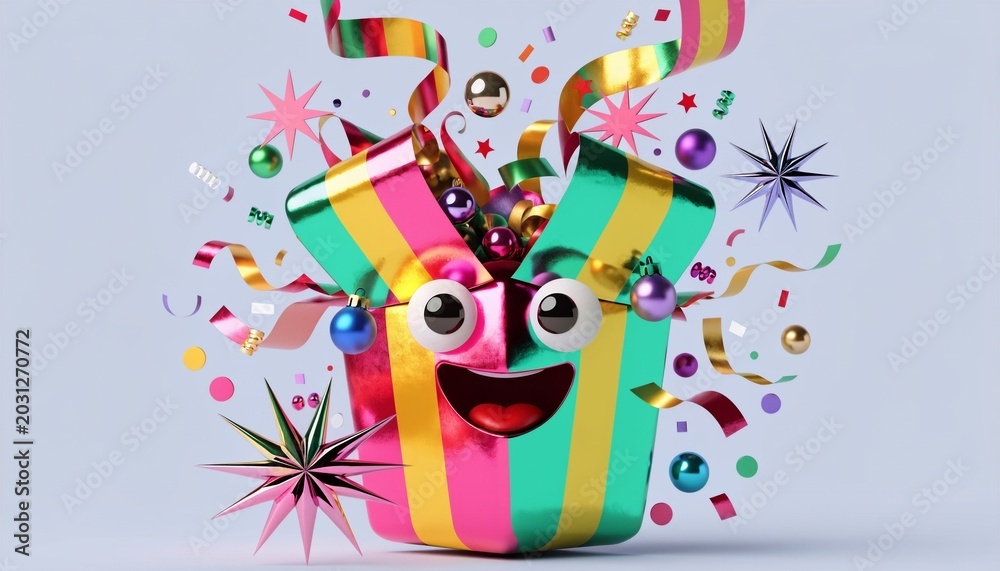 Naklejka premium Rainbow Surprise Gift Box With Happy Cartoon Party Expression