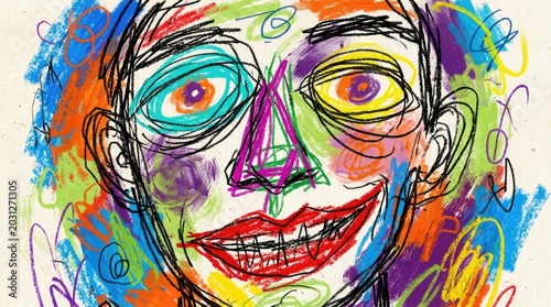 Chaotic abstract portrait illustration bursting with vibrant crayon textures and expressive lines, showcasing a raw, emotional human visage in a swirl of color