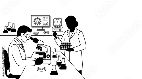 A male scientist looking through a microscope and a female scientist holding test tubes in a laboratory setting.