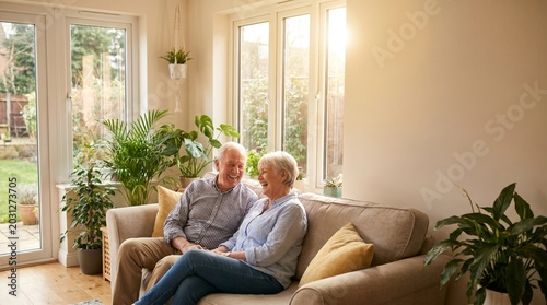 A happy elderly couple sitting on a sofa in a sunlit living room, surrounded by indoor plants and overlooking a garden