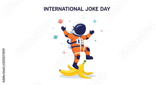 Cuadro en lienzo Astronaut slips on banana peel in space for International Joke Day