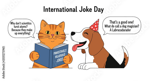 Fotografía Cat Reads Jokes to Dog on International Joke Day