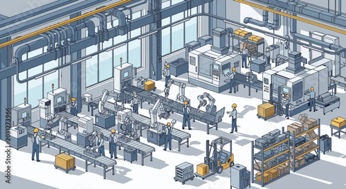 Isometric illustration of a modern smart manufacturing factory production line.