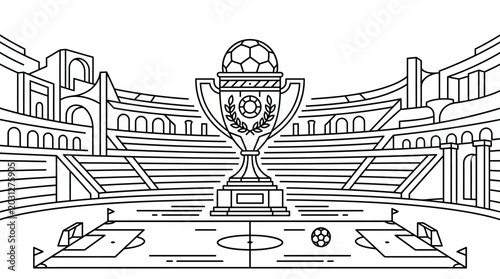 Fotografi A detailed coloring page featuring a grand championship soccer trophy centered in a stadium