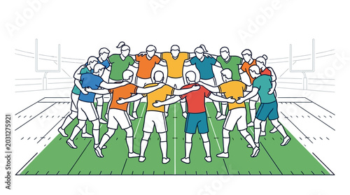 Obraz na plátně A diverse group of soccer players standing in a huddle on the field