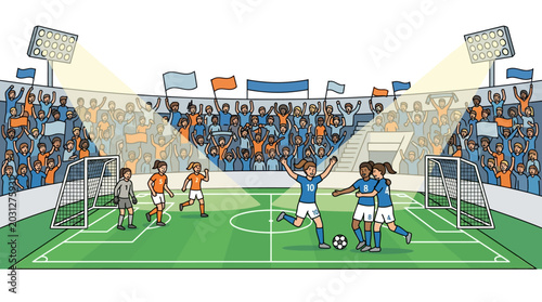 Photos A diverse group of soccer players celebrating a goal on the field
