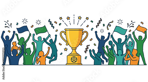 Tableau sur toile A gold trophy cup surrounded by a cheering crowd of soccer fans celebrating a championship victory