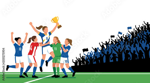 Schilderij op canvas A group of female soccer players celebrating a championship victory