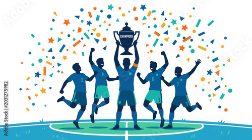 Schilderij op canvas A group of soccer players celebrating a championship victory with a trophy