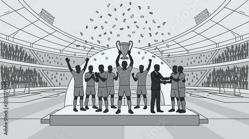 Quadro su tela A group of soccer players celebrating victory with a trophy on a podium