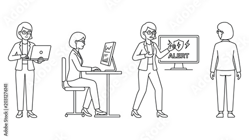 Foto Businesswoman with laptop, working on computer, reacting to alert, rear view, outline illustration