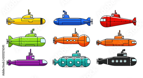 Tableau sur toile Set of colorful cartoon submarine icons isolated on white background