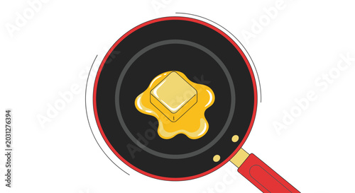 Top down illustration of a cube of butter melting in a frying pan