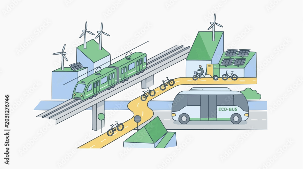 Fototapeta premium Illustration of a sustainable transport network with electric trains, bicycles and autonomous buses, in the style of a futuristic eco-city, isolated on a white background.