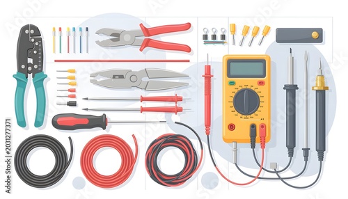 Collection of electrical tools and equipment for repair and construction work, including a multimeter, soldering iron, pliers, and wire stripper