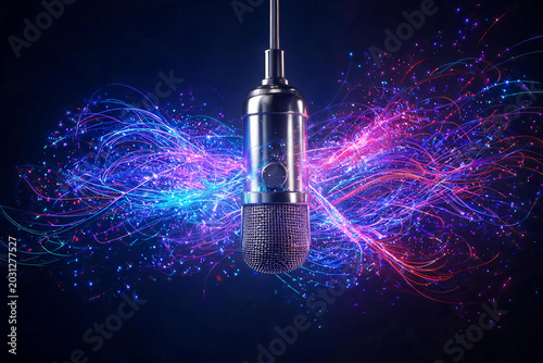 Primer plano de un micrófono de estudio Shure SM7B profesional montado en brazo articulado metálico. Equipo de audio para podcasting, streaming y locución en fondo oscuro.
