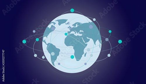 Global network of interconnected digital nodes and lines, representing world connectivity and communication