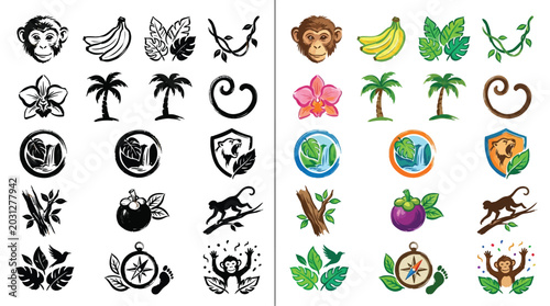 Photography Collection of tropical jungle themed icons and logos, featuring monkeys, bananas, leaves, vines, orchids, palm trees, and nature symbols
