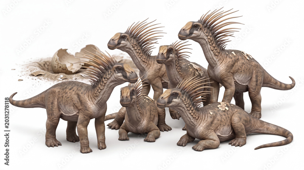 Fototapeta premium Bajadasaurus pronuspinax hatchlings near a nest, realistic 3D render of sauropod dinosaur babies on a clean white background, detailed prehistoric scene.