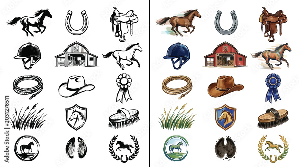 Fototapeta premium Equestrian and Horse Riding Themed Vector Icons and Illustrations Set, Featuring Horses, Barns, Saddles, Helmets, and Other Ranch Elements.