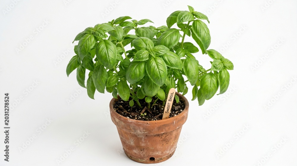 Fototapeta premium Fresh Green Basil Plant in Terracotta Pot on White Background