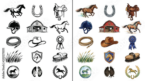 Fotografía Equestrian and Horse Riding Themed Vector Icons and Illustrations Set, Featuring Horses, Barns, Saddles, Helmets, and Other Ranch Elements