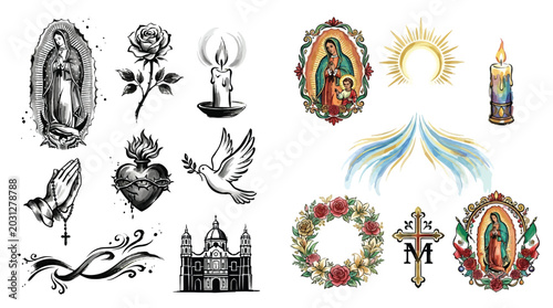 Bild auf Leinwand Collection of religious symbols and elements, including Virgin Mary, Sacred Heart, doves, candles, and roses, in both black and white and colorful styles