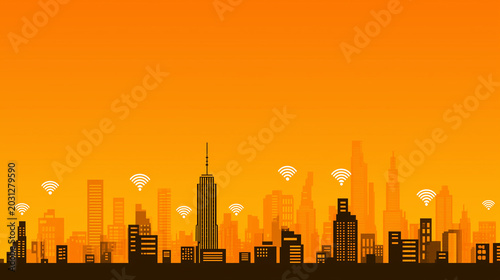 Orange City Skyline with Minimal Design and Sunset Background