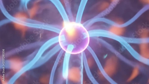 A glowing plasma sphere emits vibrant electrical energy beams in a dark room