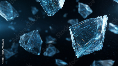 Floating Glass Shards in Dark Space with Blue Light Abstract Background