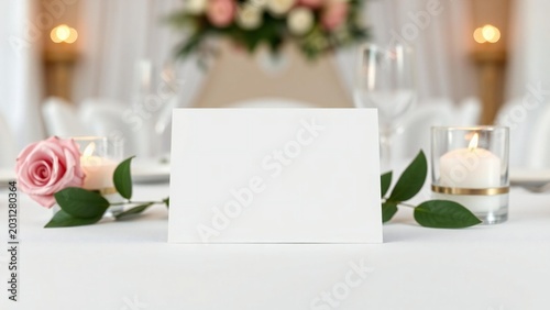 Elegant wedding table setting with rose candle and blank place card