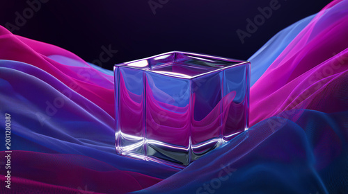 Glass Cube on Flowing Fabric with Neon Colors Abstract Background