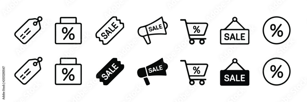 Fototapeta premium Essential Shopping and Discount Icon Set Line Art and Solid Styles for Modern Marketing and E-commerce