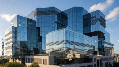 Large modern glass office building with modular block design.