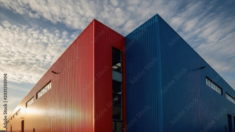 Obraz premium Red and blue corrugated metal industrial building exterior.
