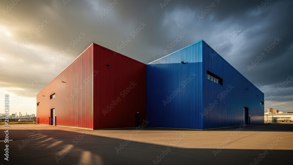 Fototapeta premium Modern industrial building with vibrant red and blue corrugated walls.