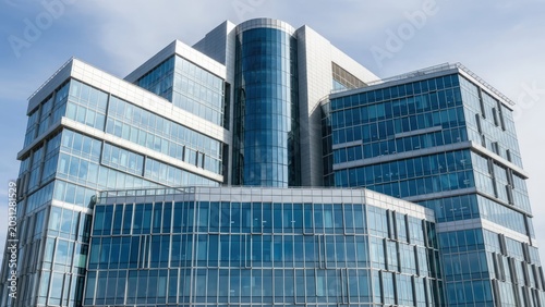 Contemporary multi-story glass office building with curved facade.