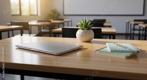 Classroom Desk with Laptop and Plant.