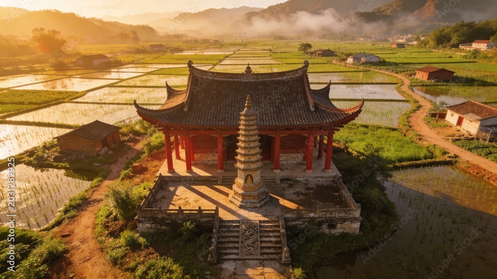 Fototapeta premium aerial view of a small buddhist temple in the middle of the chinese farmlands