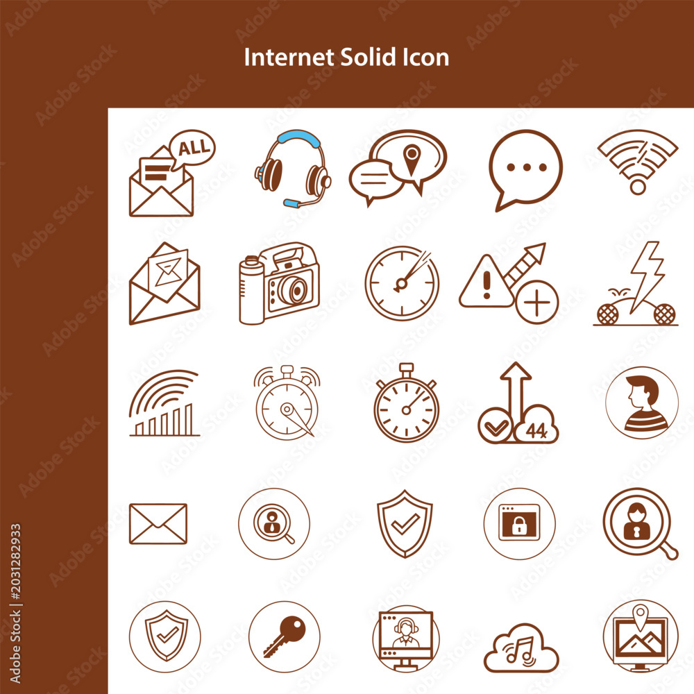 Fototapeta premium Collection of Brown Line Art Icons Representing Internet and Technology Concepts