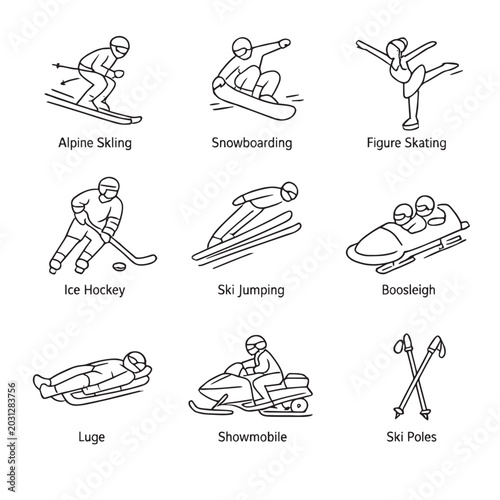 Hand-drawn line icons for winter sports, featuring skiing, snowboarding, skating, hockey, bobsleigh, luge, snowmobiling, and ski poles, are ideal for design projects or sports themes.
